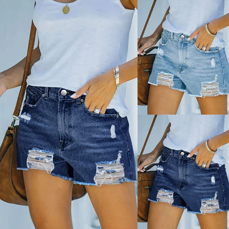 

Ripped Denim Shorts Women's 2024 Summer New Fashion Versatile Raw Edge High Waist Loose Wide Leg A-Line Hot Pants