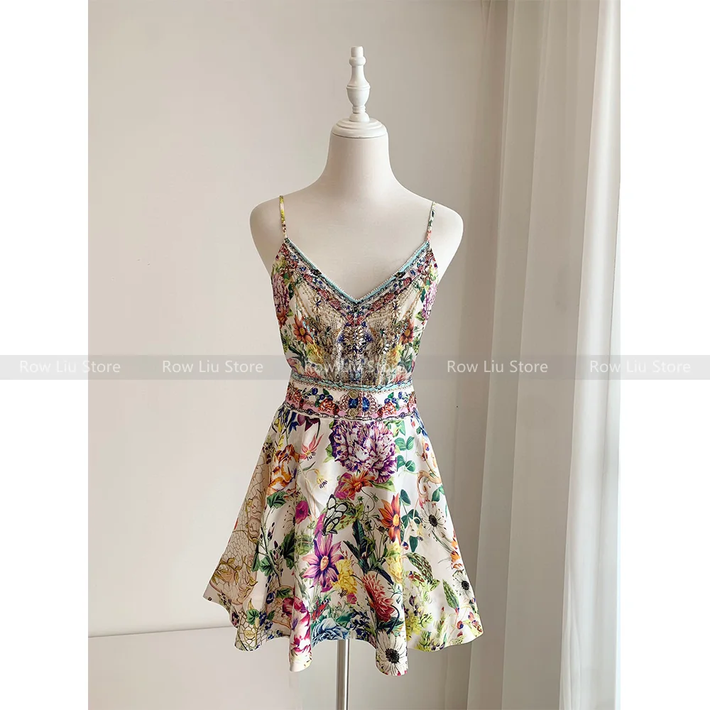 

High Quality! Australian noblewoman niche heavy beading silk V-neck printed floral camisole top + half skirt set 24 summer new