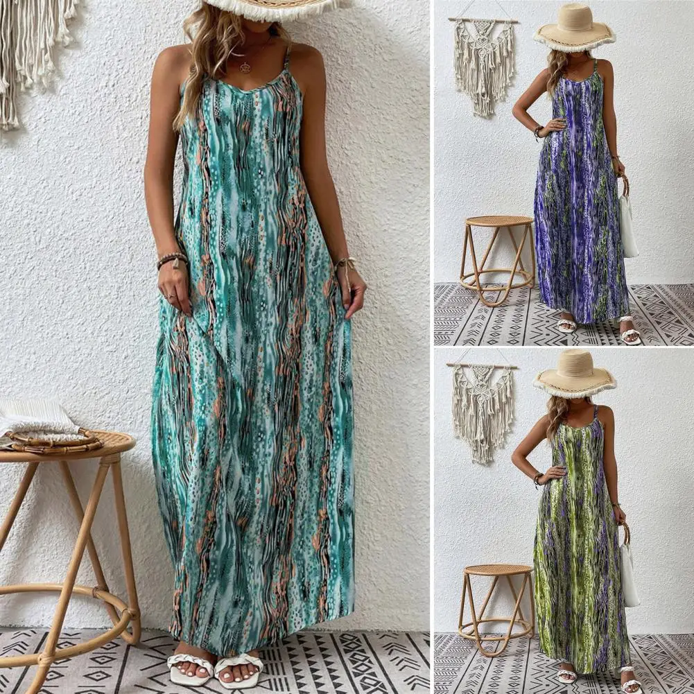 

Sleeveless Long Dress Bohemian Style Women's Vacation Maxi Dress with V Neck Printed Design Soft Casual Beach Strappy for Summer