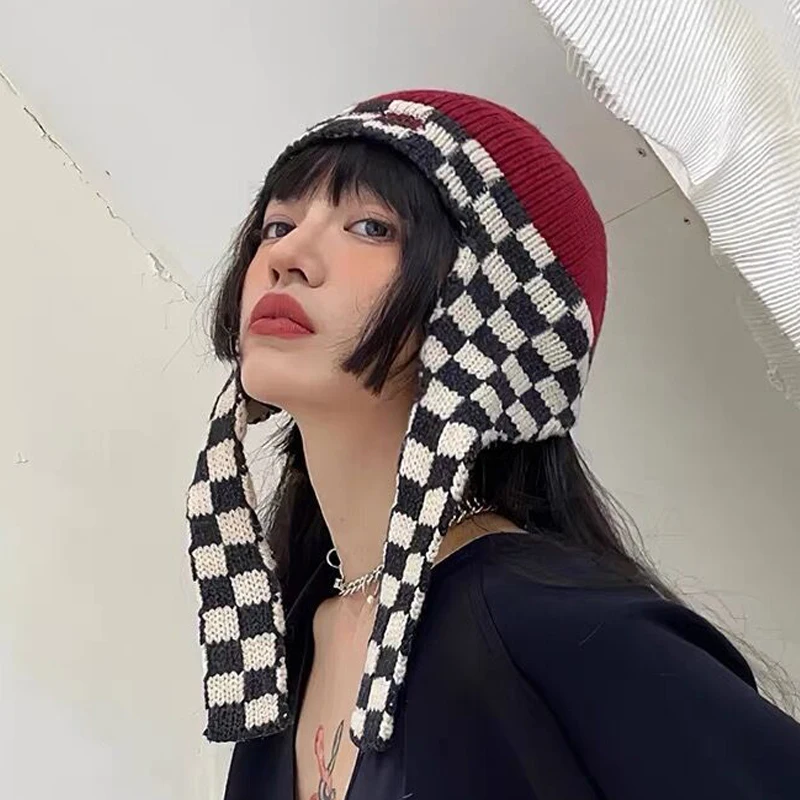 

Retro knitted Checkerboard pilot hat women's winter ear protection braided trend Beanies embroidery wool hats for Female's hat