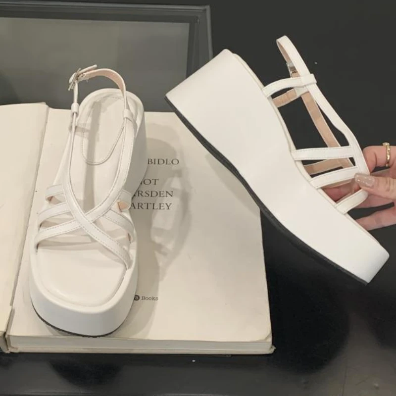Silver Cross Tied Wedge Women Thick Heel Sandals 2025 Summer New Designer Open-toe Flat Roman Shoes Fashion Casual Office Sandal 34 S08d22b6ee89b489d8ecfc0e73ccd8de9Z