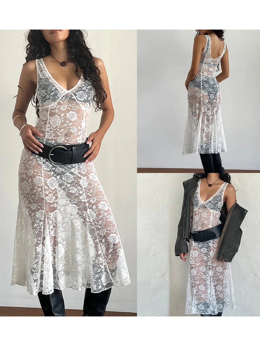 

DeuYeng Women s Sexy See Through Lace Dress Cover Ups Summer Sheer Mesh V-Neck Sleeveless Tank Dresses