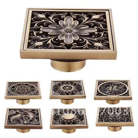 

Euro Style Antique Brass Flower Art Carved 10*10cm Square Floor Drains Euro Floor Drain Strainer Cover Grate Waste Deodorant