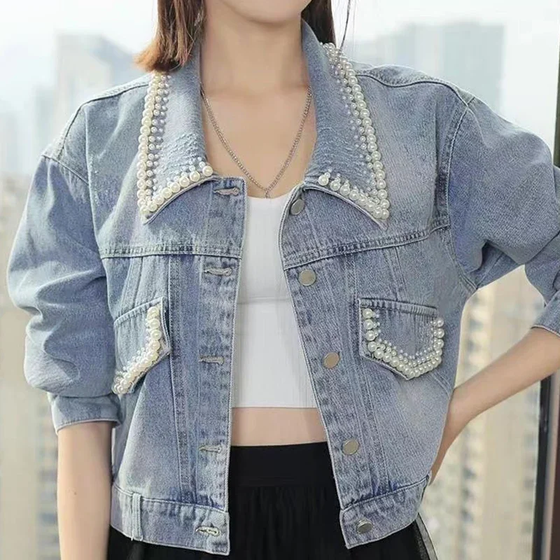 

Женская джинсовая куртка с длинным рукавом, укороченная куртка с отложным воротником и декоративными жемчужинами, свободная куртка с карманами в Корейском стиле, 2023