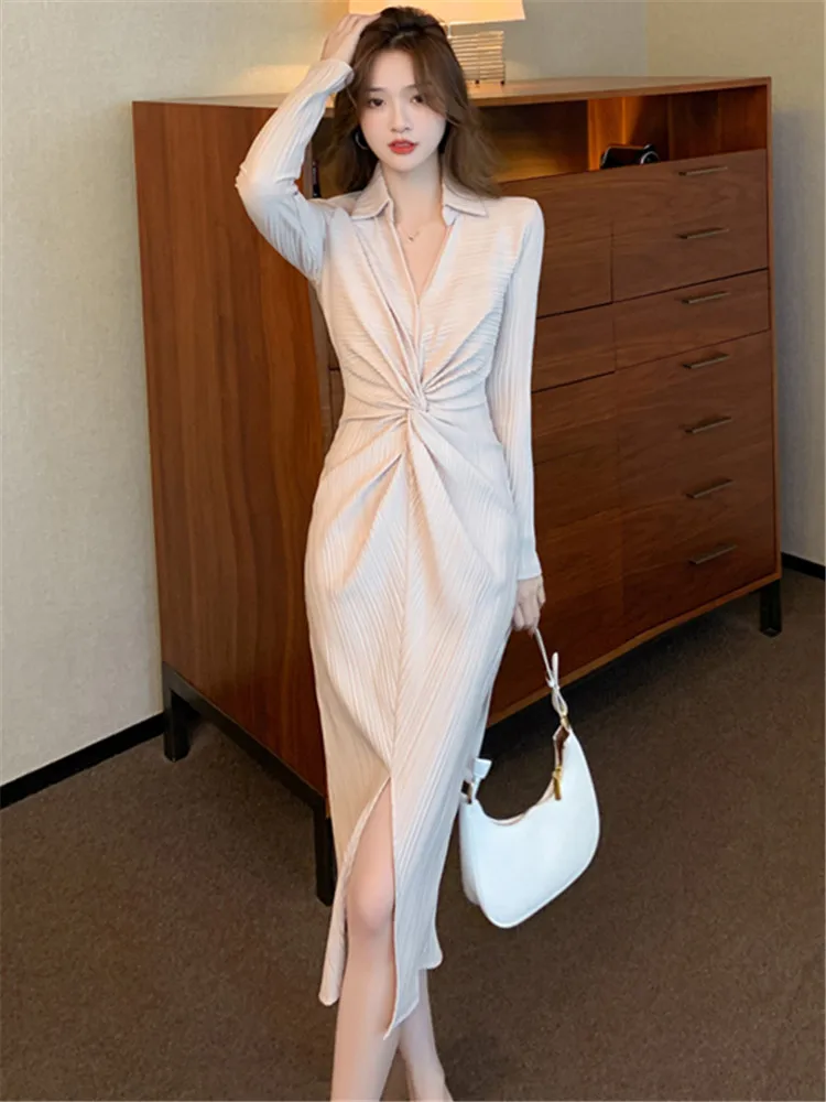 

New 2023 Fashion Autumn Winter Elegant Slim Bodycon Party Dresses Long Sleeve V-Neck Sexy Korean Version Frill Front Slit Dress