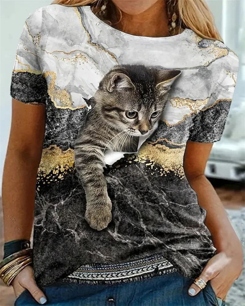 

Женская мраморная кошка печати экипажа шеи с коротким рукавом Футболка Повседневная летняя одежда