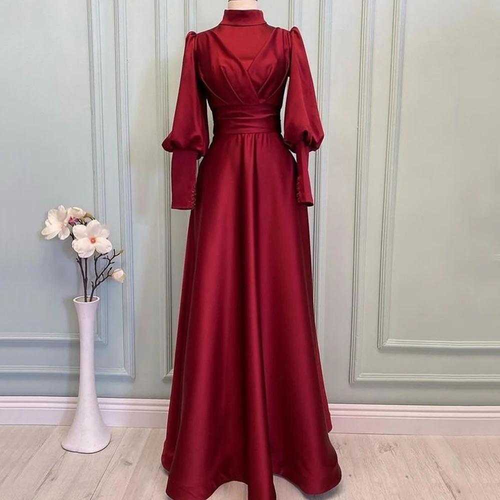 

Flechazo Simple A-Line Evening Dress High Neck and Long Sleeves with Pleat Floor Length Satin Women Banquet Party Custom Gowns