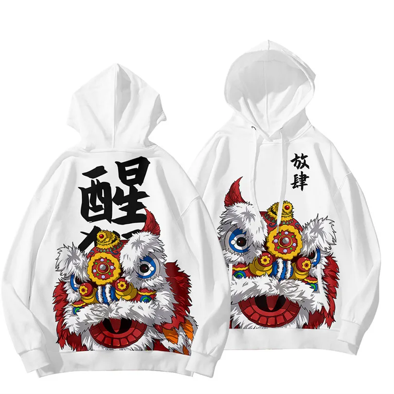 

Good Luck Lion Dance Print Men Hoodies Casual Funny Fleece Loose Sweatshirts Oversized High Street Y2K Pullover Hoodie Clothes