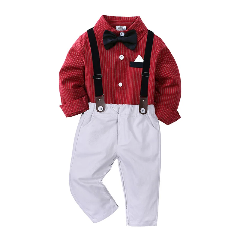 

Baby Formal Gentleman Suits Infant England Plaid T-Shirt+Overalls Pants Sets Christening Outfits for Baby Boys Autumn Clothes