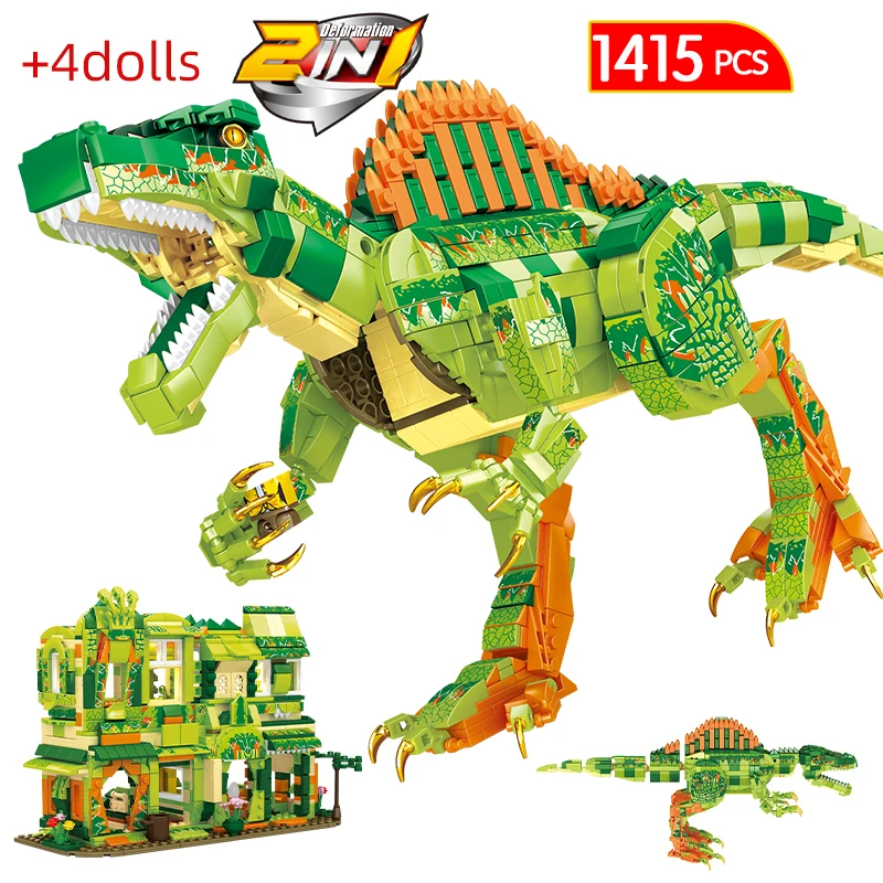 

908 Pcs Jurassic 2 in 1 City Dinosaur Transform Car Raptor Baryonyx Spinosaurus Building Blocks Figures Bricks Toys for Children