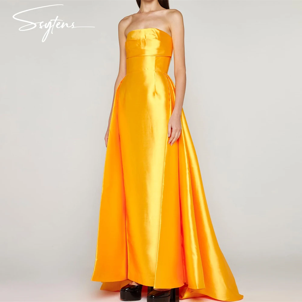 

Yellow Mermaid Prom Dress Sleeveless Party Gowns Customize Long Satin Strapless Evening Dresses فساتين مناسبة رسمية vestidos