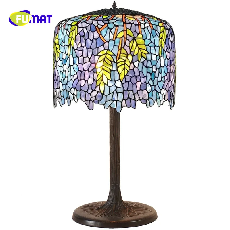 

FUMAT Blue Mediterranean beautiful Wisteria Living room Table Lamp Tiffany Stained Glass Shade Creative atmosphere Study Lamp