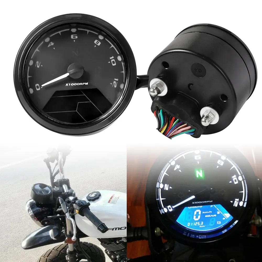 

Cafe Racer LCD Digital Universal Motorcycle Odometer Speedometer Fuel Tachometer Panel Instrument Multi-Function 12000RPM Gauge