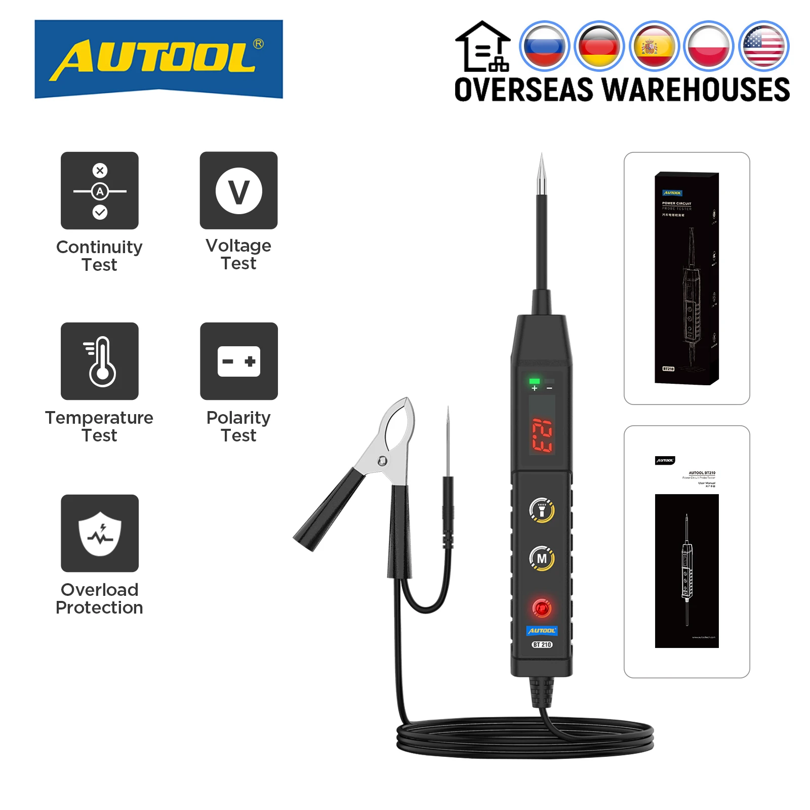 AUTOOL BT210 Car Circuit Tester Power Probe DC Voltage Polarity Circuit Temperature Test 9-30V For 12V Car Motorcycles 24V Truck
AUTOOL BT210 Car Circuit Tester Power Probe DC Voltage Polarity Circuit Temperature Test 9-30V For 12V Car Motorcycles 24V Truck
