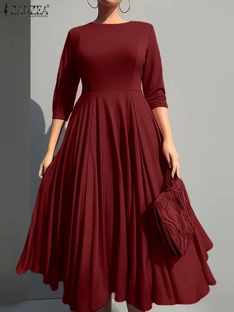 

2024 Summer 3/4 Sleeve Party Sundress ZANZEA Women Swing Long Dress Casual Round Neck Robes Elegant Pleated A-line Midi Dresses