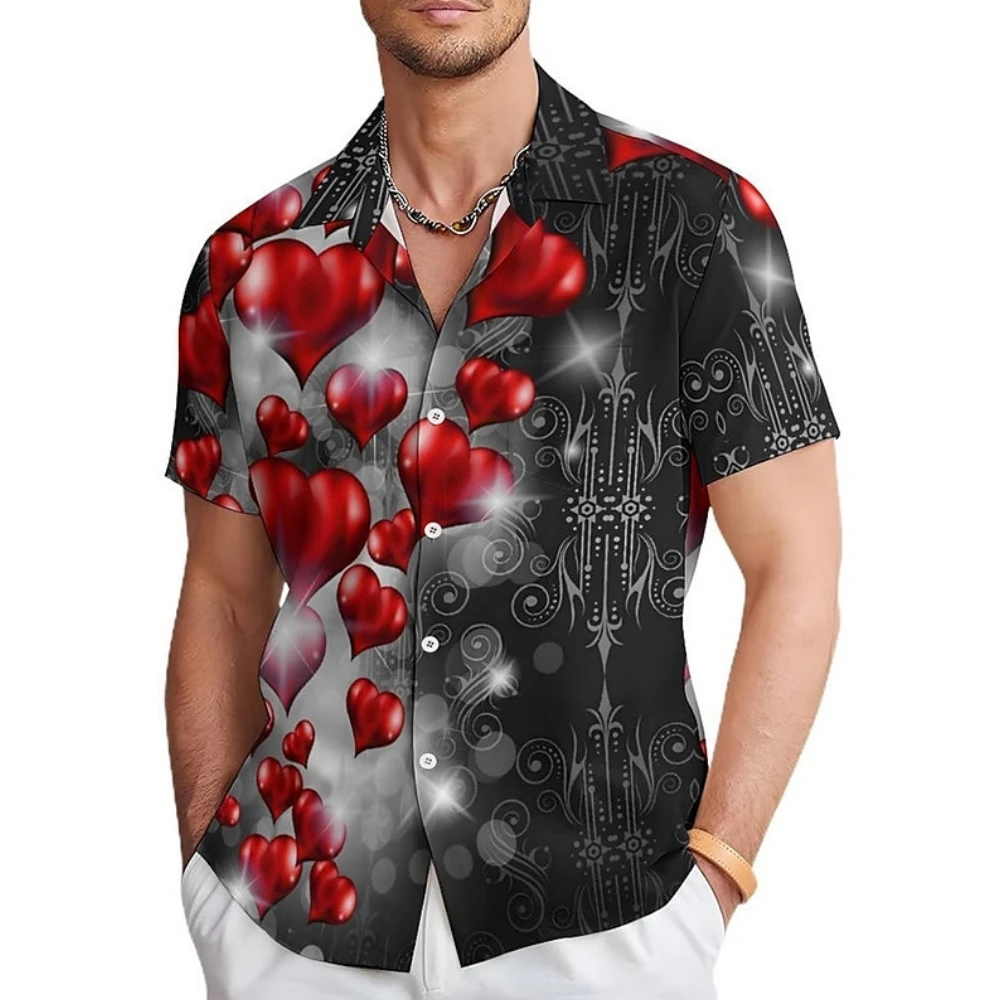 

Male Camisas Casuais Valentine's Love Hawaii Flower Shirt For Men Slim Men's Social 3d Print Clothing Casual Party Tops Blouse