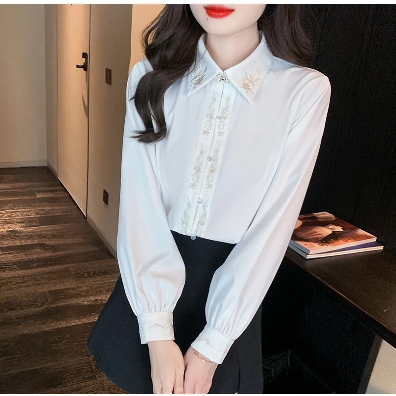 

QOERLIN 2024 New Spring Fall French Lace White Shirts Women Temperament White Tops Workwear OL Casual Button Up Blouse Female