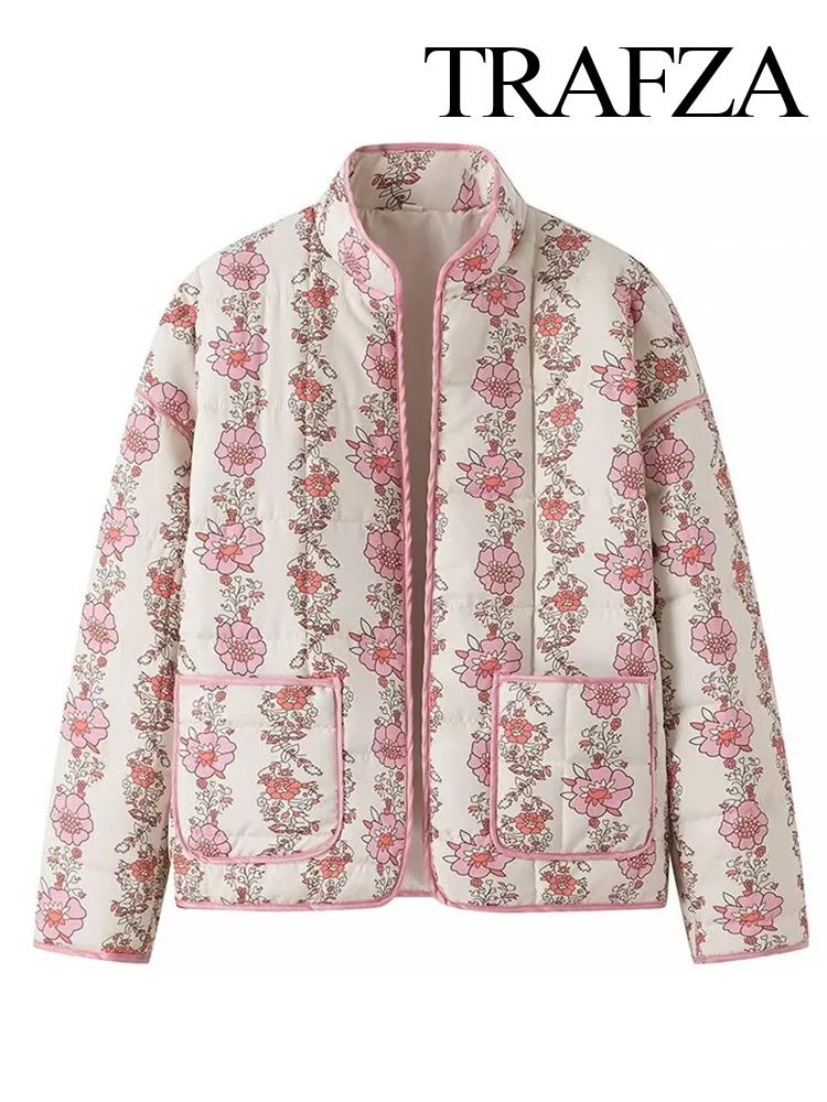 

TRAFZA Women Fashion Spring Contrast Color Pink Flower Print Stand Neck Quilted Coat Woman Vintage Long Sleeve Loose Outerwear