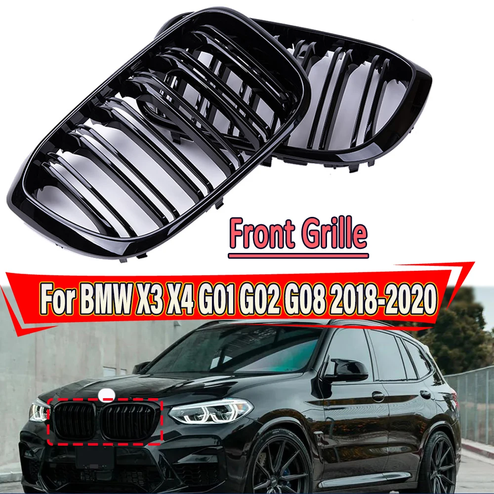 

2Pcs Car Front Kidney Grille Glossy Black Double/Single Line Bumper Racing Grills For BMW X3 X4 G01 G02 G08 2018-2020 Accessory