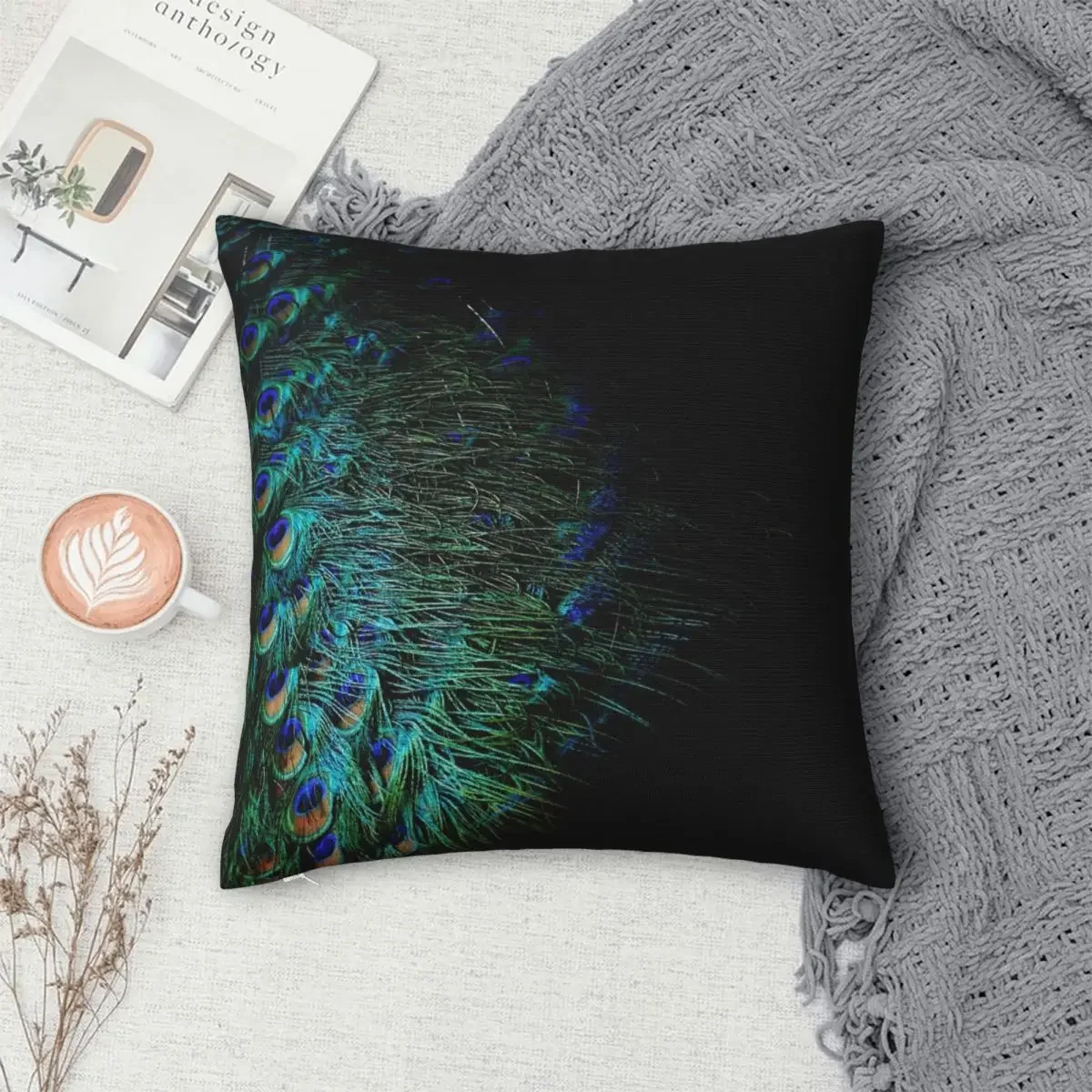 

Peacock Feathers On A Black Background Pillowcase Polyester Pillows Cover Cushion Comfort Throw Pillow Sofa Decorative Cushions