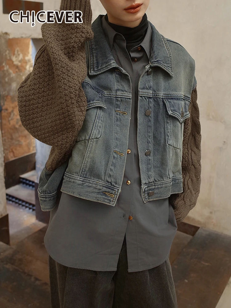 CHICEVER Patchwork Knitting Colorblock Jackets For Women Lapel Long Sleeve Single Breasted Vintage Fashion Denim Coats Female
CHICEVER Patchwork Knitting Colorblock Jackets For Women Lapel Long Sleeve Single Breasted Vintage Fashion Denim Coats Female