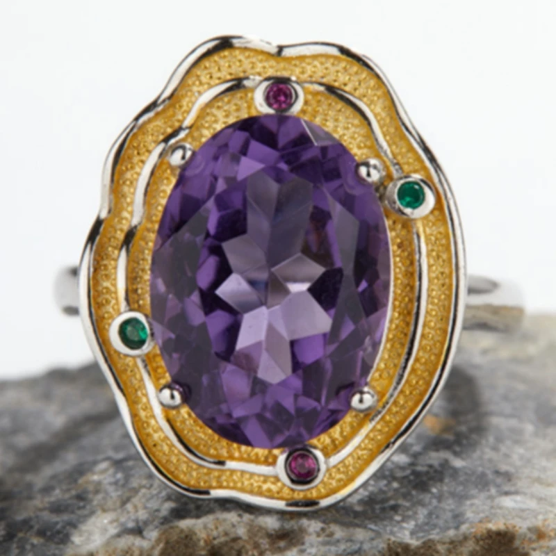 

Colorful Gem New Genuine 925 Silver Inlaid Natural Amethyst Gem Women's Ring Adjustable Jewelry Free Shipping