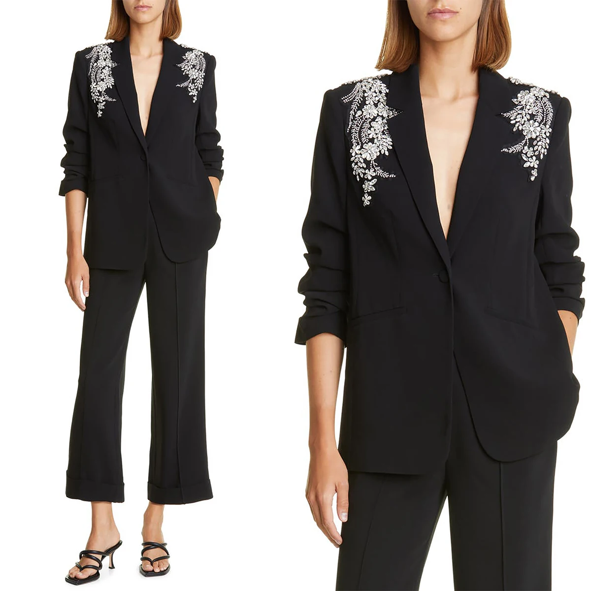 Fashion Black Women Pants Suits Vintage One Button Loose Blazer Crystal Applique Dresses Custom Made 2 Pieces Set
Fashion Black Women Pants Suits Vintage One Button Loose Blazer Crystal Applique Dresses Custom Made 2 Pieces Set