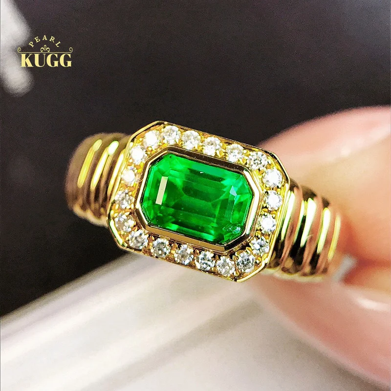 

KUGG 18K Yellow Gold Rings Luxury Style Real Natural Emerald Shiny Diamond Gemstone Ring for Women High Party Jewelry