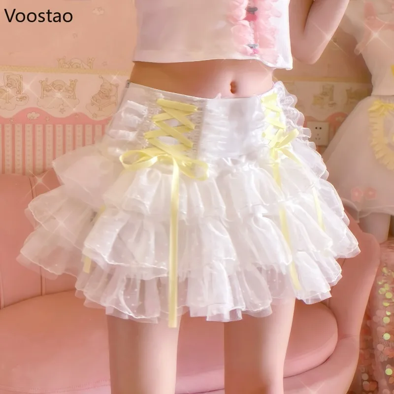 

Sweet Lolita Style Mini Skirt Japanese Kawaii Lace Ruffles Mesh Bandage Short Skirts Casual Korean Girls Cute Faldas Mujer Moda