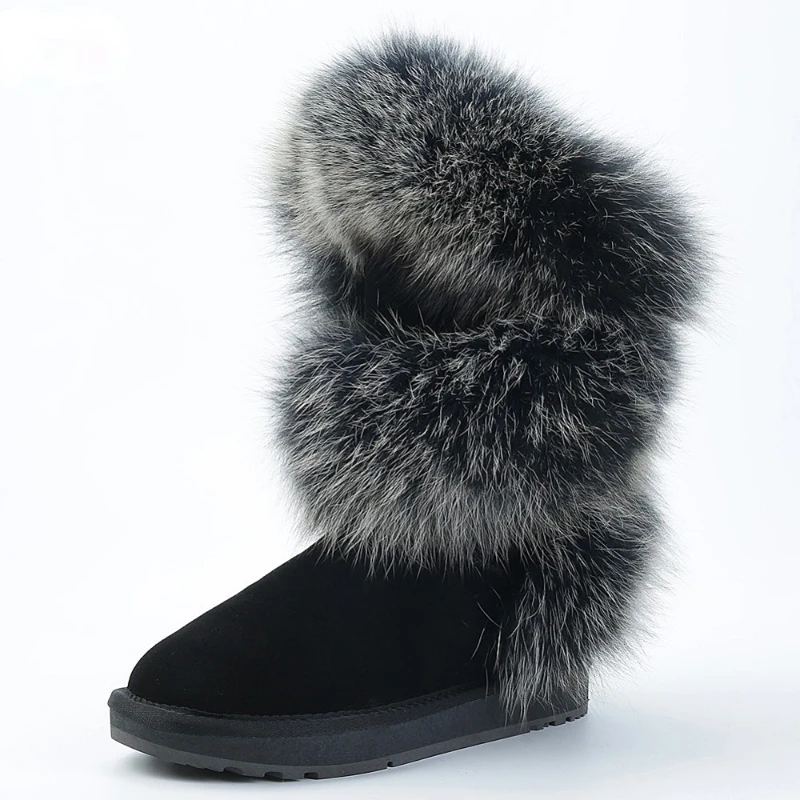 

INOE Luxurious Fashion Real Soft Arctic Fox Fur Winter Snow Boots for Women Knee High Keep Warm Shoes Cow Suede Leather Black