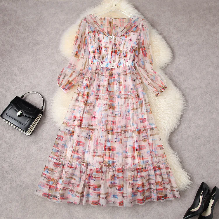European and American women's summer 2022 new Long sleeve v-neck mesh printing Fashionable pleated dress 
European and American women's summer 2022 new Long sleeve v-neck mesh printing Fashionable pleated dress