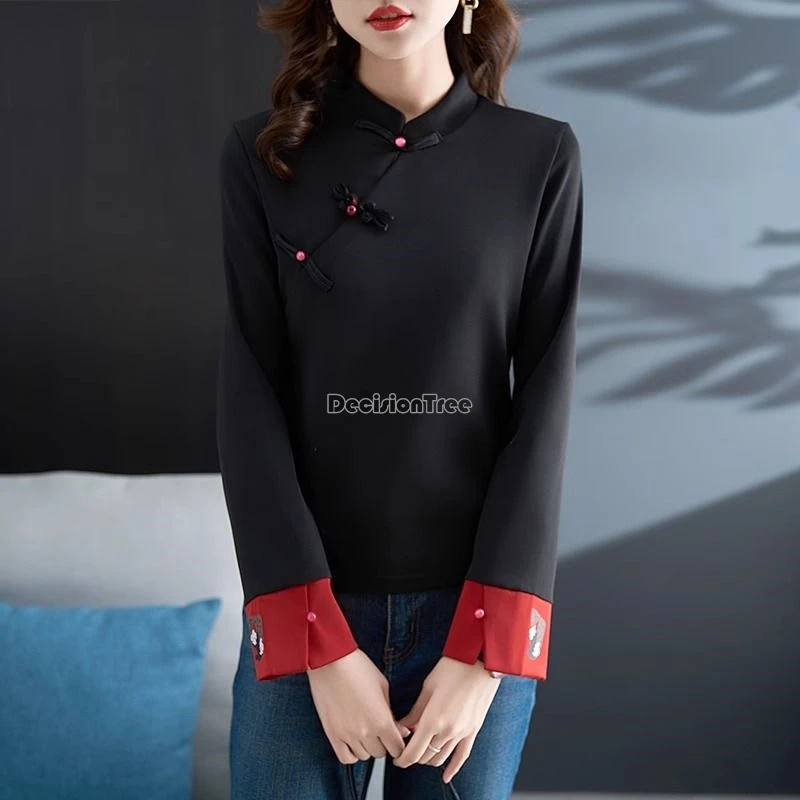 

2024 new improved chinese style retro cheongsam top diagonal front buckle long sleeved stand collar shirt elegant daily blouse
