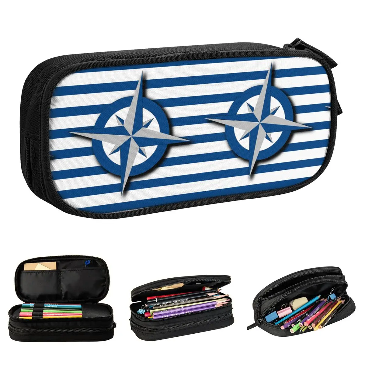 

Compass Stripes Pattern Nautical Anchor Pencil Case Pencilcases Pen Box for Girl Boy Large Storage Bag Office Gifts Stationery