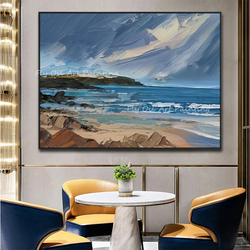 

100% ручная работа большой размер высокое качество синий океан Морской берег толстый нож пейзаж картина маслом в подарок для украшения дома офиса