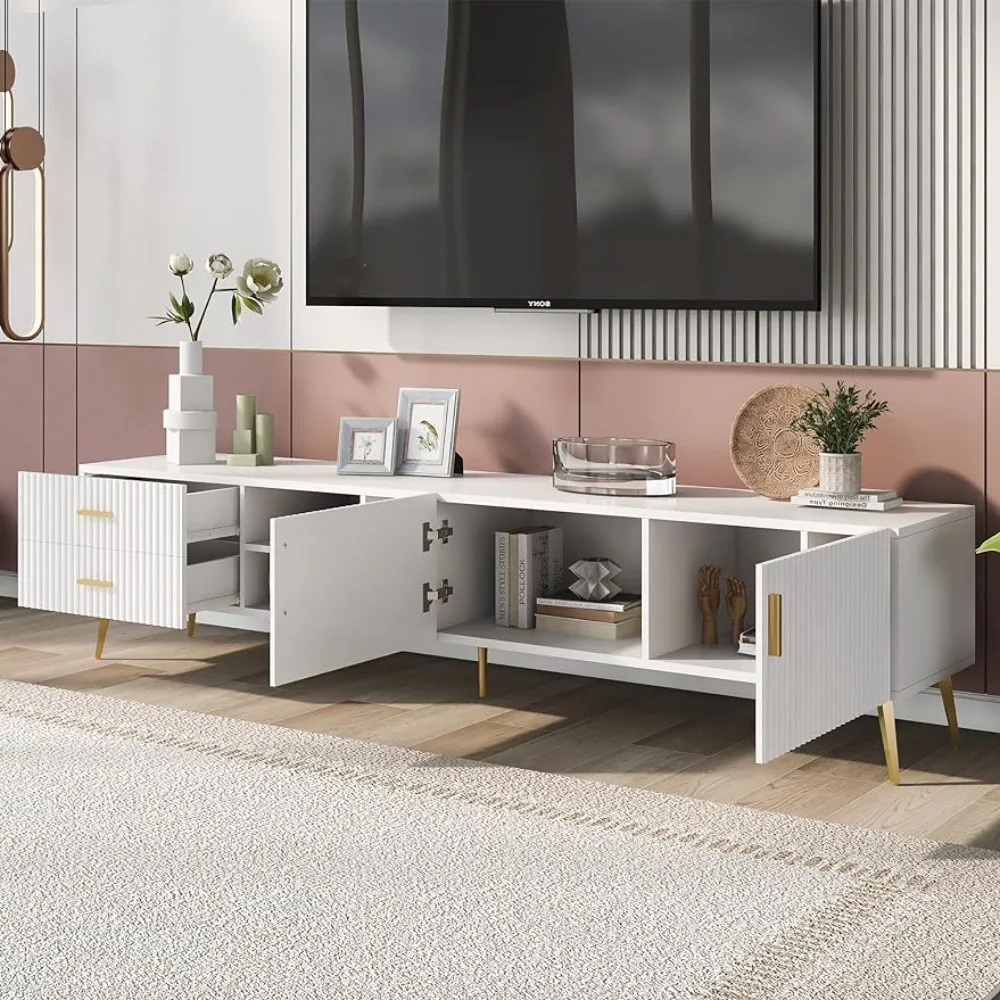 White Modern Stand for TV Up to 77' Versatile Cabinet with 5 Champagne Legs, 4 Invisible Storages and 3 Open Shelves, 70.9"
White Modern Stand for TV Up to 77' Versatile Cabinet with 5 Champagne Legs, 4 Invisible Storages and 3 Open Shelves, 70.9"