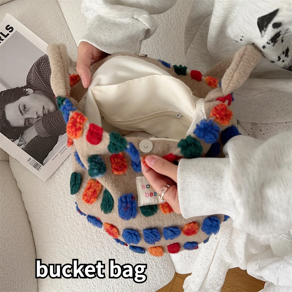 Color Plush Dots Women's Bento Handbags Retro Design Female Fluffy Bucket Bags Large Capacity Shoulder Bag Purse Casual Tote 7 Mallzona S09032069b8d647bd8ce8155b11ec4087D Color Plush Dots Women's Bento Handbags Retro Design Female Fluffy Bucket Bags Large Capacity Shoulder Bag Purse Casual Tote Mallzona