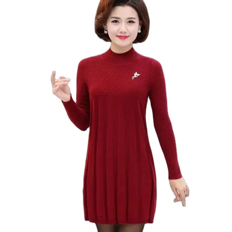 

Women's Sweater Half Turtleneck Knitted Pullover Fall Winter Korean Loose Bottoming Shirt Middle Aged Mother Sweater Dresses 5XL