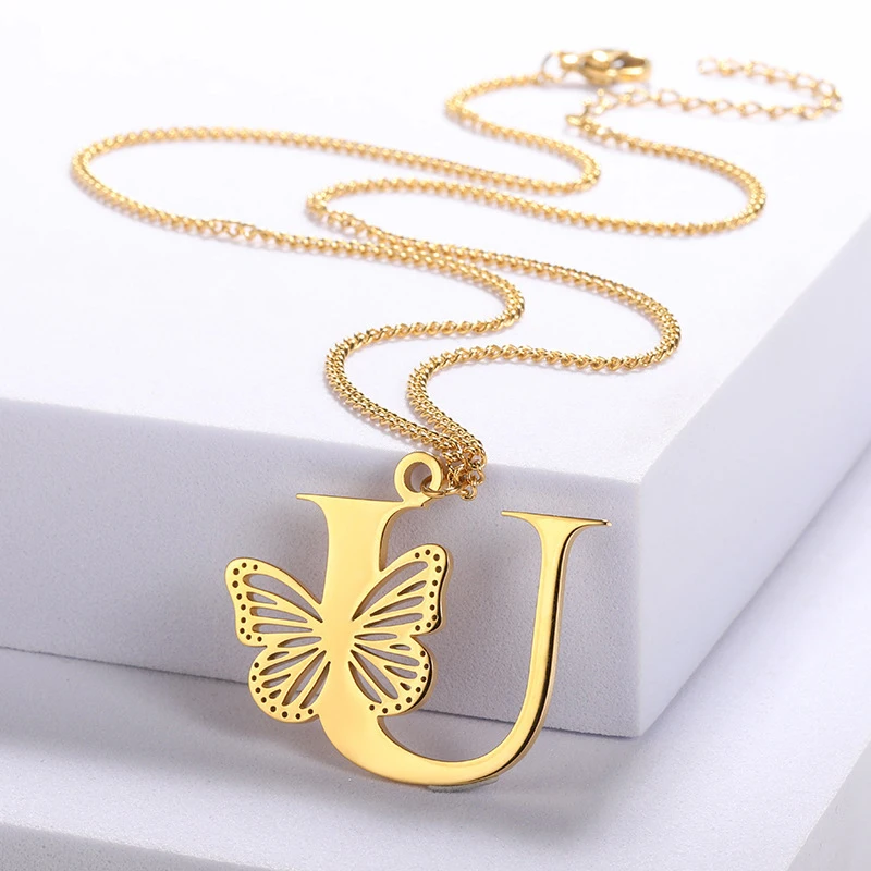 

A-Z Stainless Steel Initial Letter Pendant Necklace For Women Alphabet Butterfly Necklace Female Jewelry Choker For Girls Gift