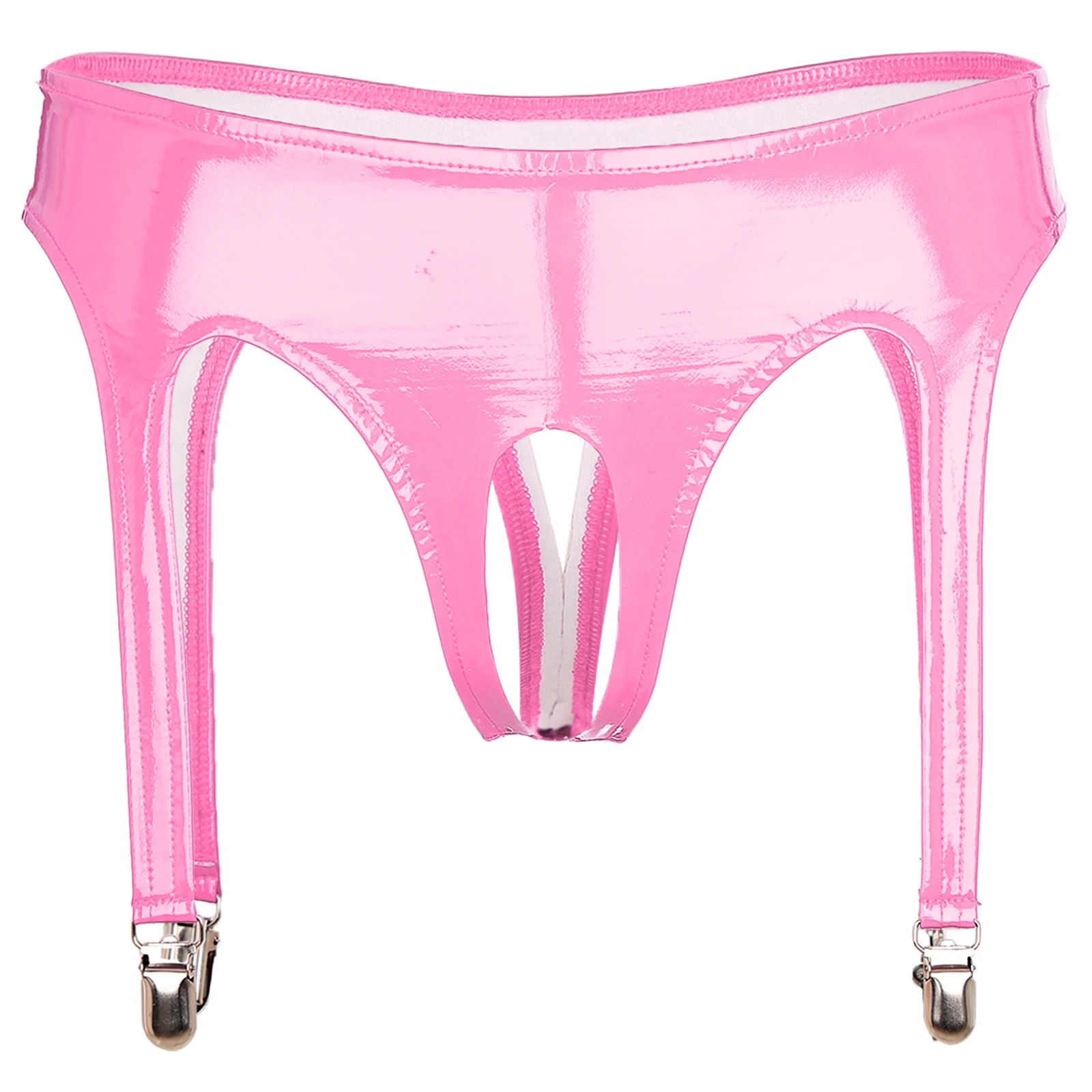 

Womens Sexy Mujer Open Crotch Underwear with Garter Clips Punk Gothic Clubwear Glossy Patent Leather Crotchless Briefs Panties