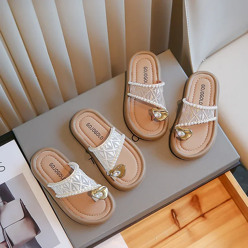 

Шлепанцы для девочек, элегантная обувь принцессы с милым жемчугом, универсальные мягкие домашние тапочки с открытым носком, летние модные Тапочки