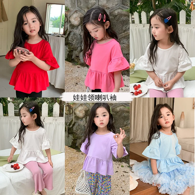 

Girls short-sleeved shirt color summer dress Korean version treasure pure trumpet sleeve lotus leaf sleeve Korean top