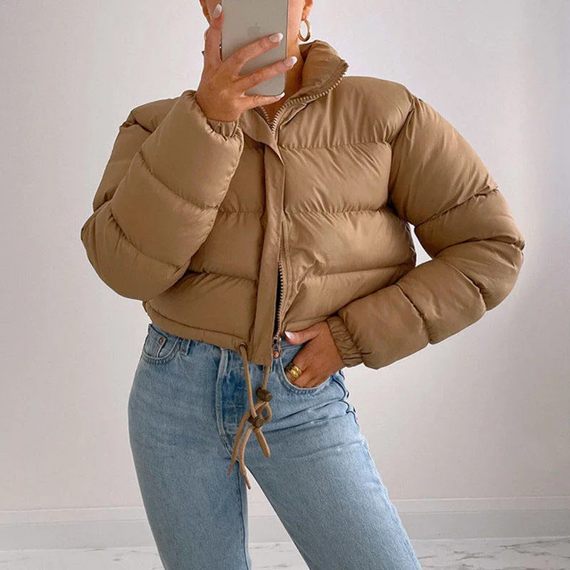 

Khaki Women's Cropped Puffer Jacket Long Sleeve Puffy Coat Stand Collar Zip UP Quilted Padded Drawstring Outwear with Pockets