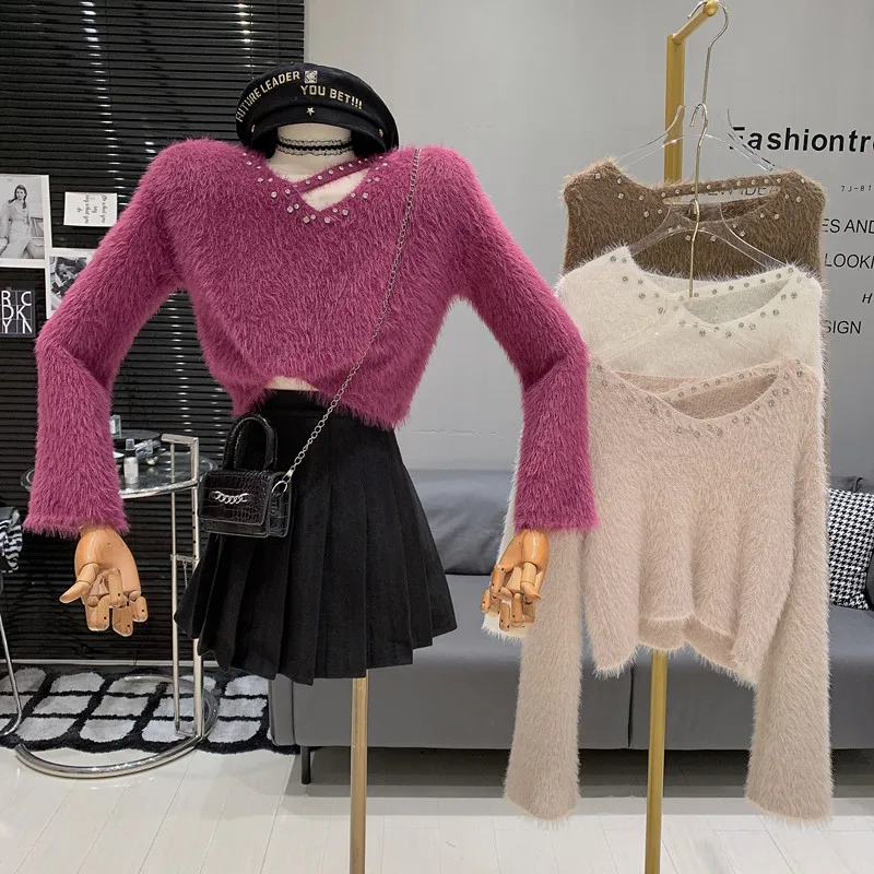 V-neck Diamond Imitation Mink Hair Temperament Lazy Soft Versatile Knitted Long sleeved pullover sweater Top
V-neck Diamond Imitation Mink Hair Temperament Lazy Soft Versatile Knitted Long sleeved pullover sweater Top