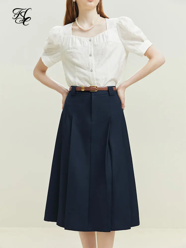 

FSLE Retro Commuter High Waist Mid-length Pleated Skirt for Women Navy Blue Office Lady A-line Skirt with Belt Female Summer New