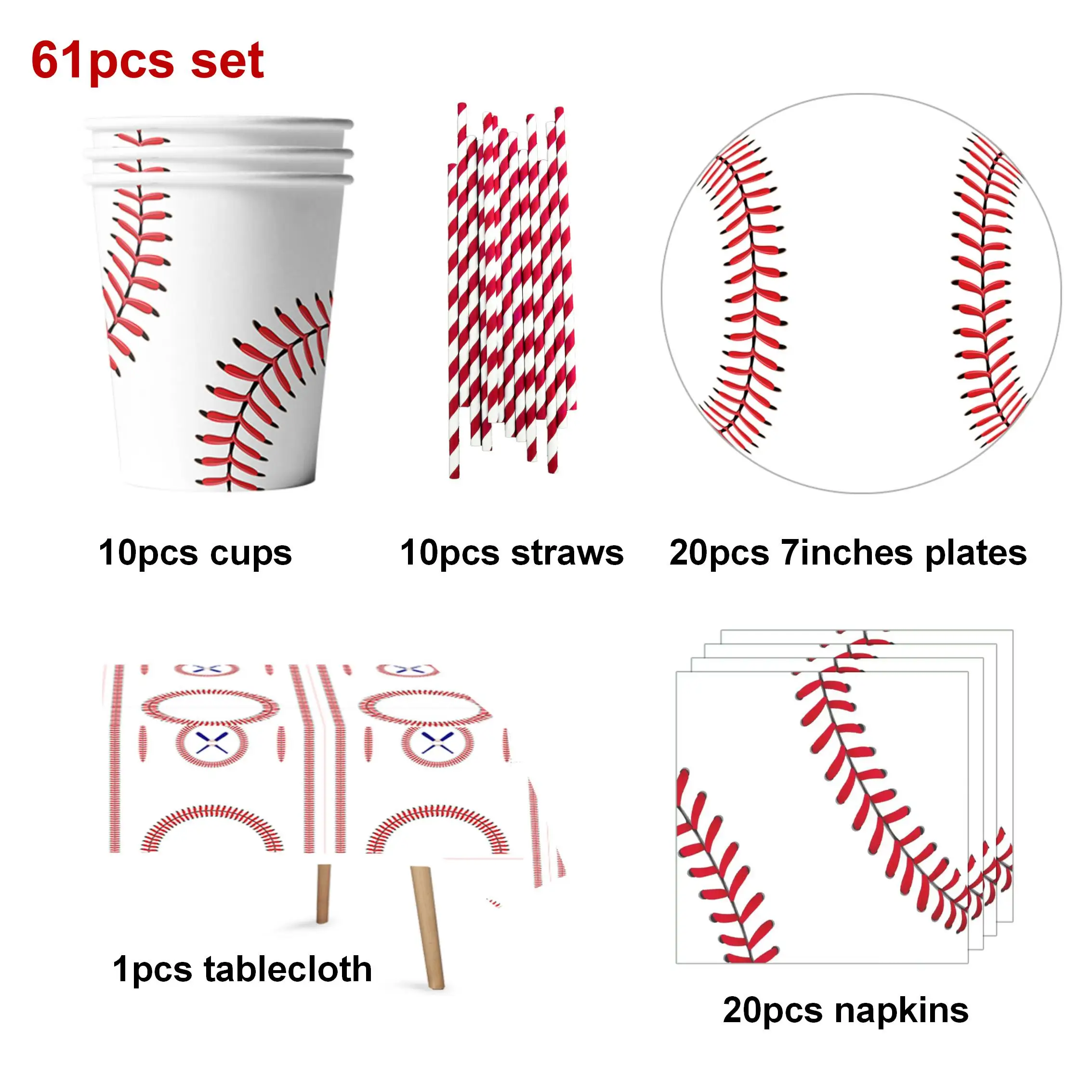 

61pcs 10People Use Baseball Theme Party Supplies Home Party Decorations Disposable Straws Napkins Plates Tablecloths Cups