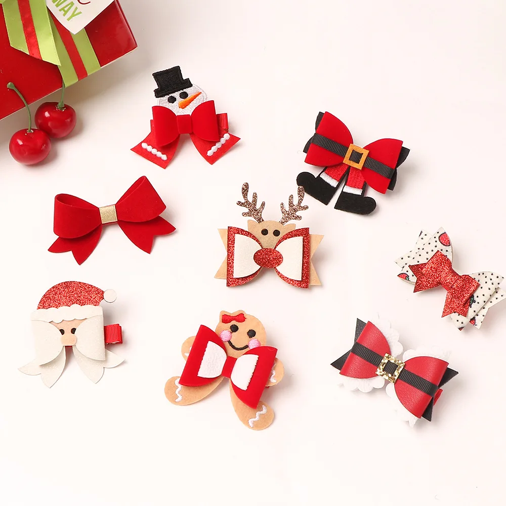 

24pcs Glitter Reindeer Santa Hairpins Gingerbread Man Hair Clips Cartoon Bow Barrettes Xmas Headwear Boutique Hair Accessories
