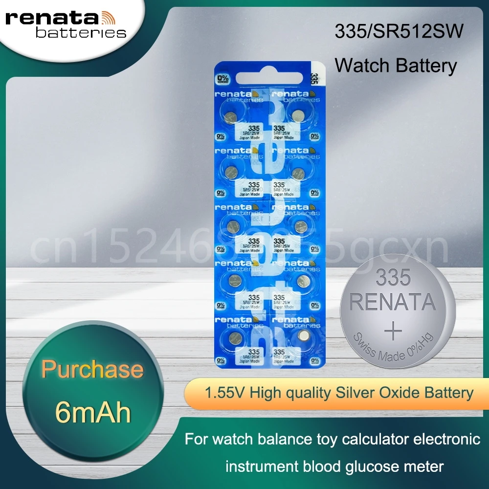 Renata 335 SR512SW 1,55 V аккумулятор из оксида серебра для кварцевых часов, калькуляторов, игрушек с дистанционным управлением, Сделано в швейцарской кнопочной монетке
Renata 335 SR512SW 1,55 V аккумулятор из оксида серебра для кварцевых часов, калькуляторов, игрушек с дистанционным управлением, Сделано в швейцарской кнопочной монетке