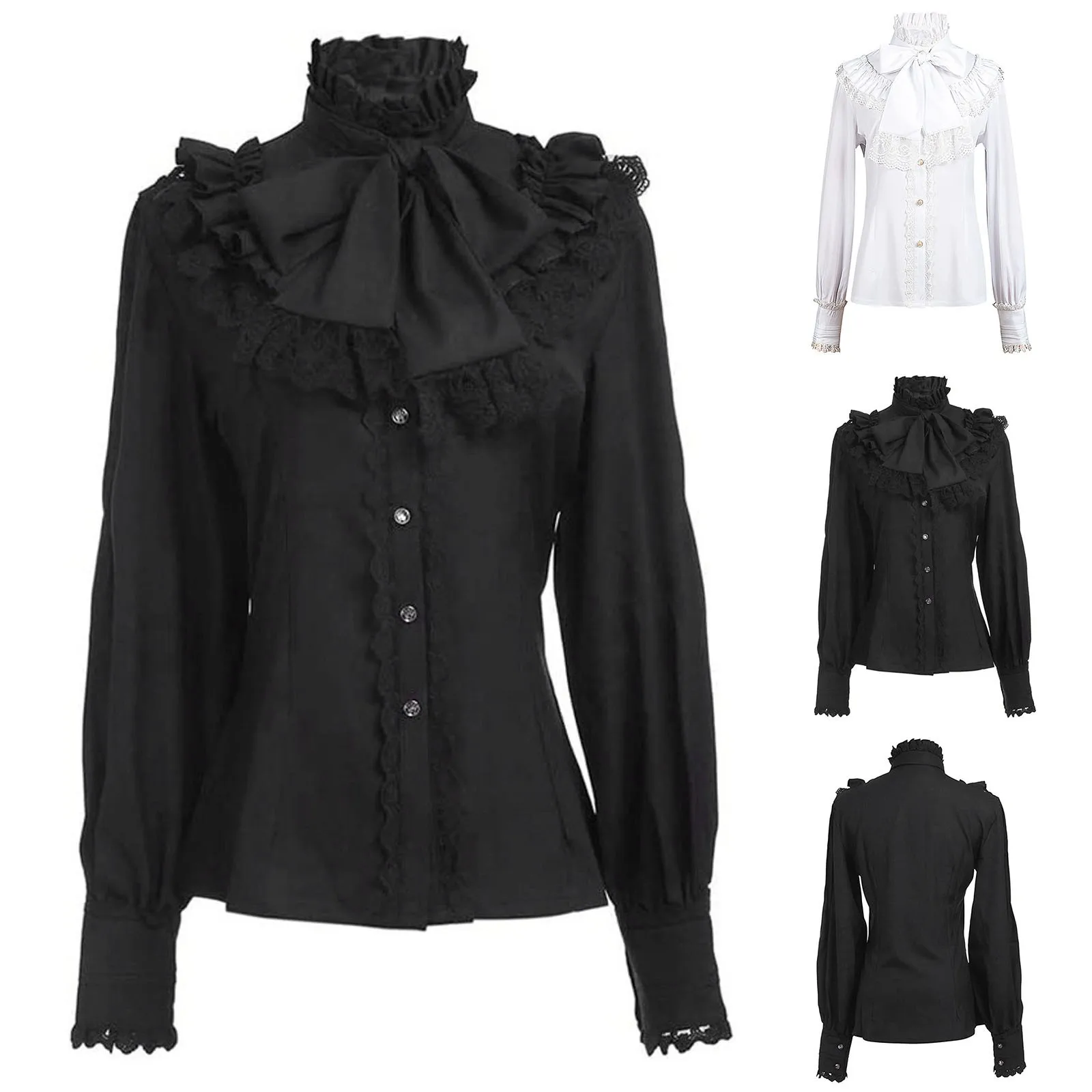 

Women's Shirt Gothic Retro Long Sleeved Ruffled Top Steampunk Medieval Blouse Lolita Victorian Vintage Shirts Cosplay Costume