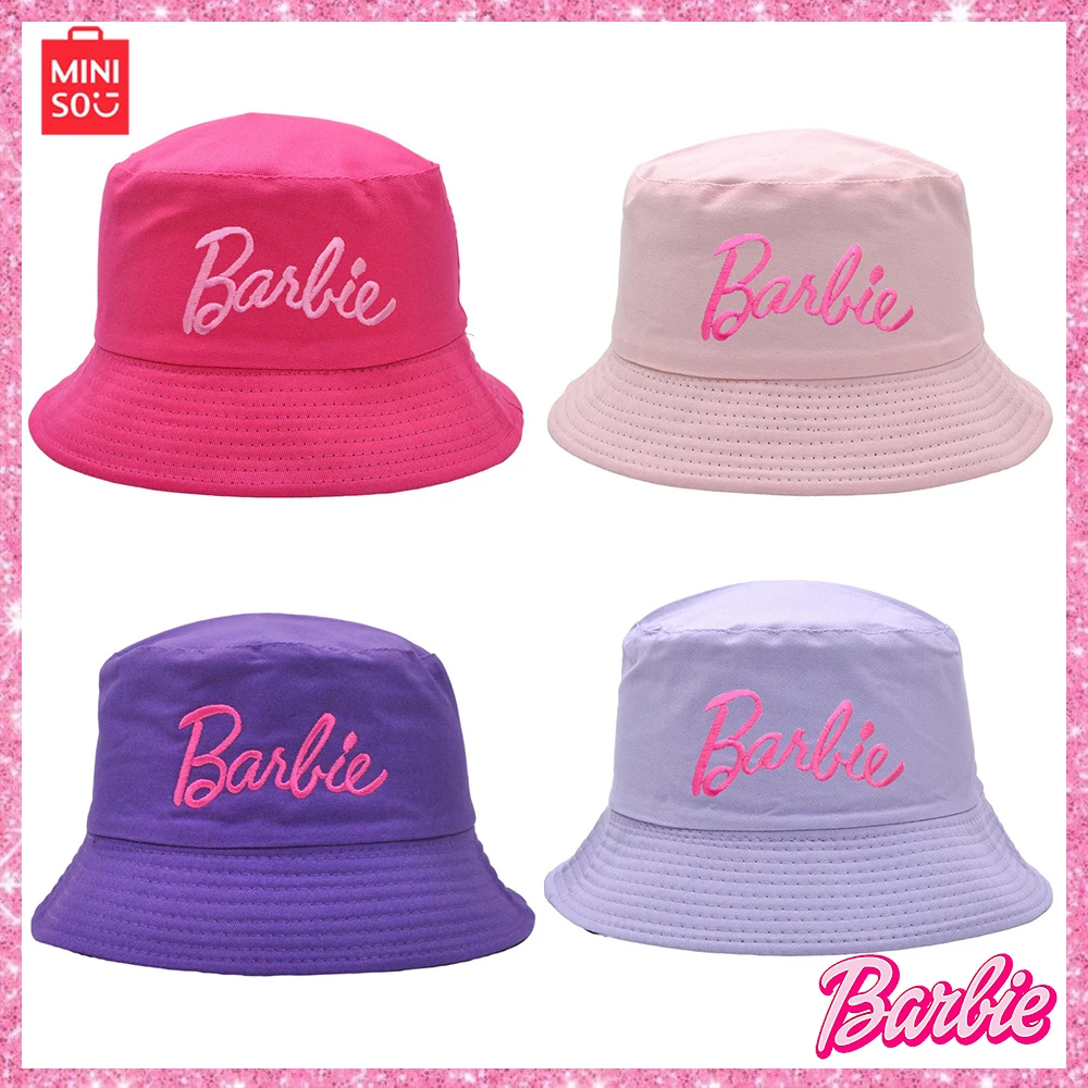 

2023 Miniso Pink Barbie Fisherman Hat Acaron Color Embroidered Basin Hat Female Casual Anime Gift Fashion Duck Sunshade Hat