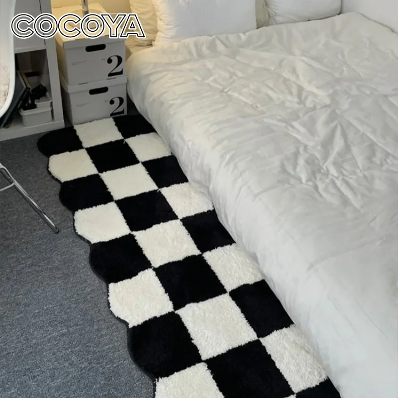 

Tufting Black White Plaid Carpets Korean Style Fluffy Plush Rugs for Bedroom Washroom Anti Slip Floor Mat Children Room Area Rug